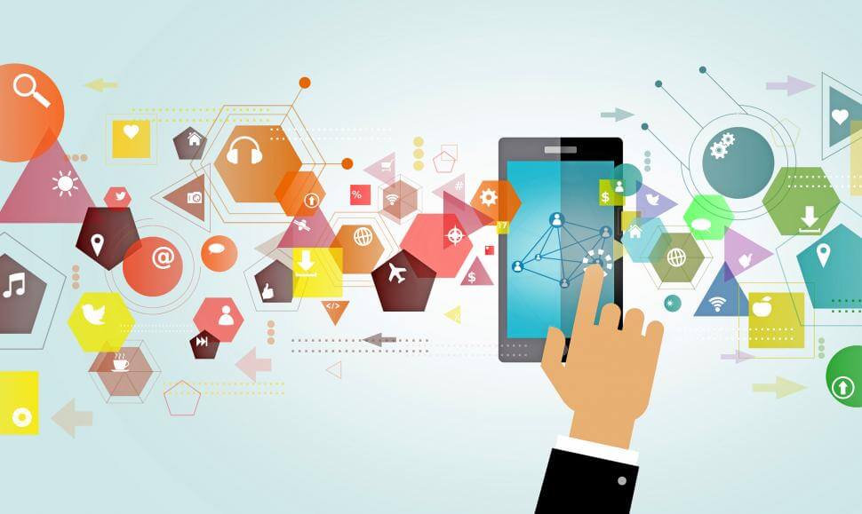 Abstract illustration of technology integration, showcasing digital icons and a smartphone, only available at Elevate Your Organization's Culture and Performance With CEEK.