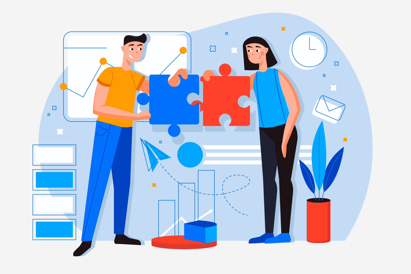 Two people connecting puzzle pieces, symbolizing teamwork and collaboration, available at Elevate Your Organization's Culture and Performance With CEEK.
