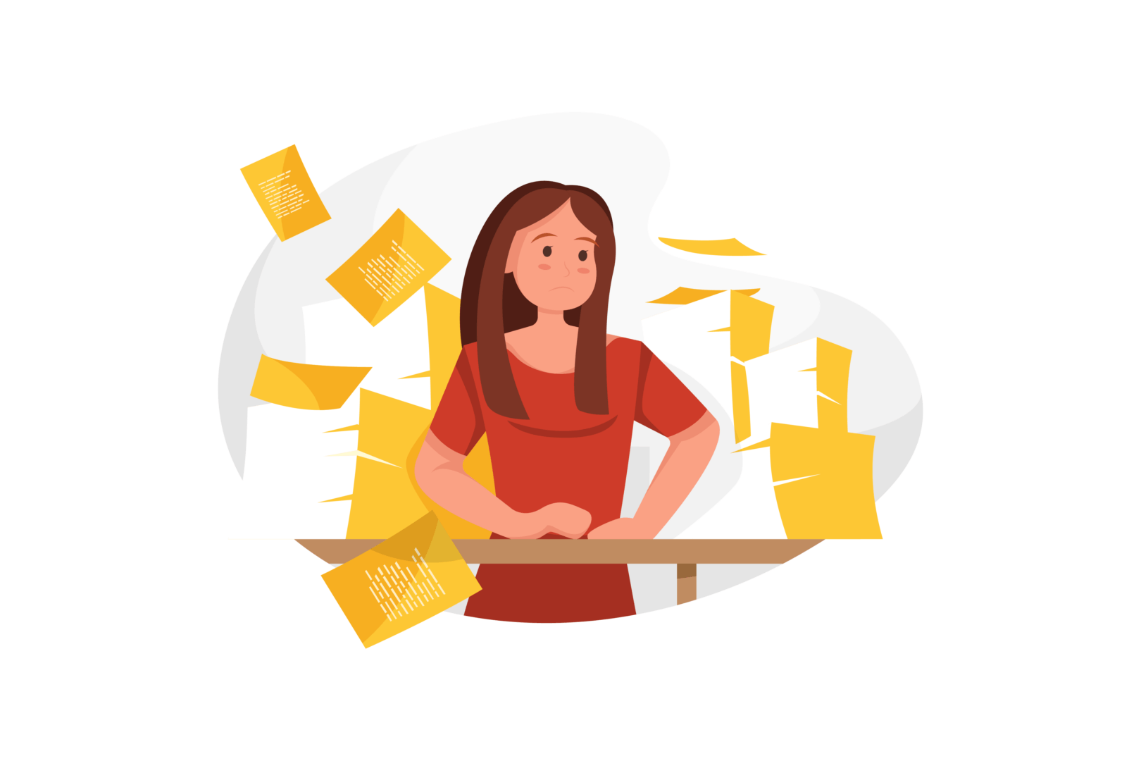 Illustration of a frustrated woman surrounded by flying papers, symbolizing stress management, only available at Elevate Your Organization's Culture and Performance With CEEK.