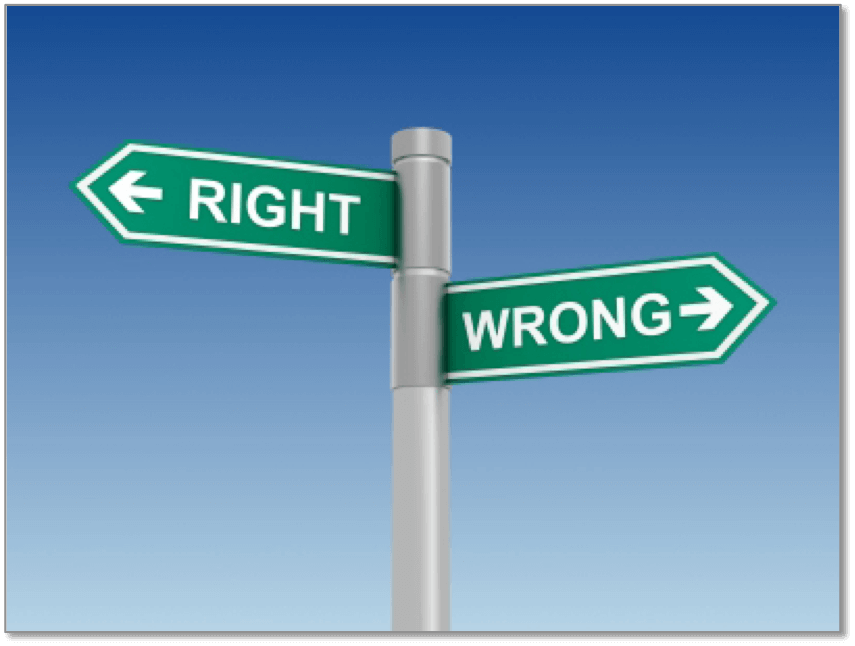 Right and wrong directional signs against a blue sky, symbolizing decision-making, available at Elevate Your Organization's Culture and Performance With CEEK.