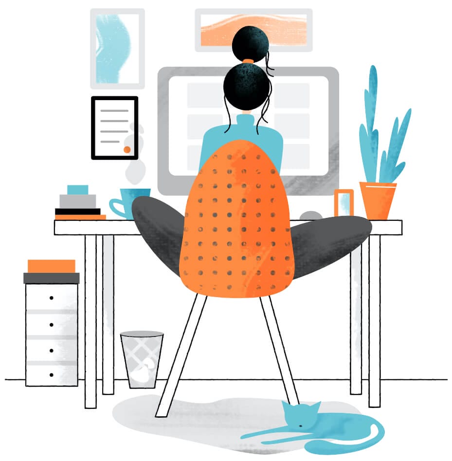 Woman working at a desk with a computer, cat, and plants, only available at Elevate Your Organization's Culture and Performance With CEEK.