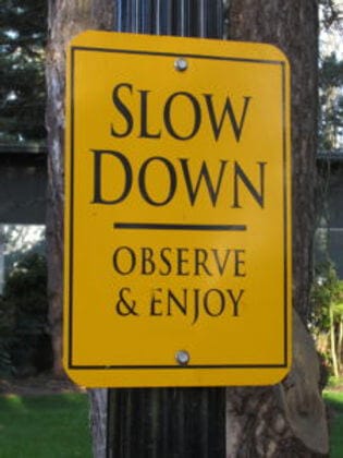Yellow sign reading "Slow Down, Observe & Enjoy," promoting mindfulness, only available at Elevate Your Organization's Culture and Performance With CEEK.