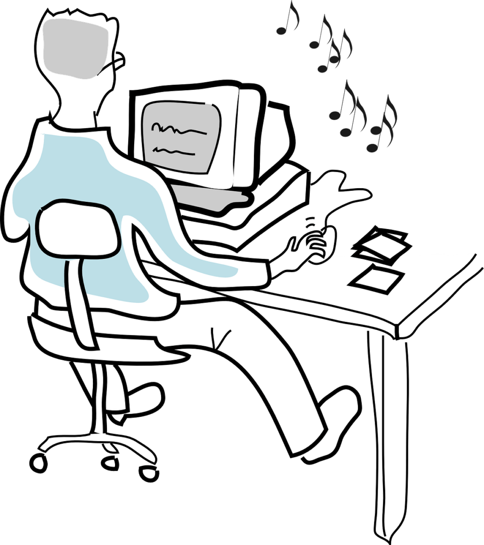 Illustration of a person working at a computer with music notes, enhancing productivity, available at Elevate Your Organization's Culture and Performance With CEEK.