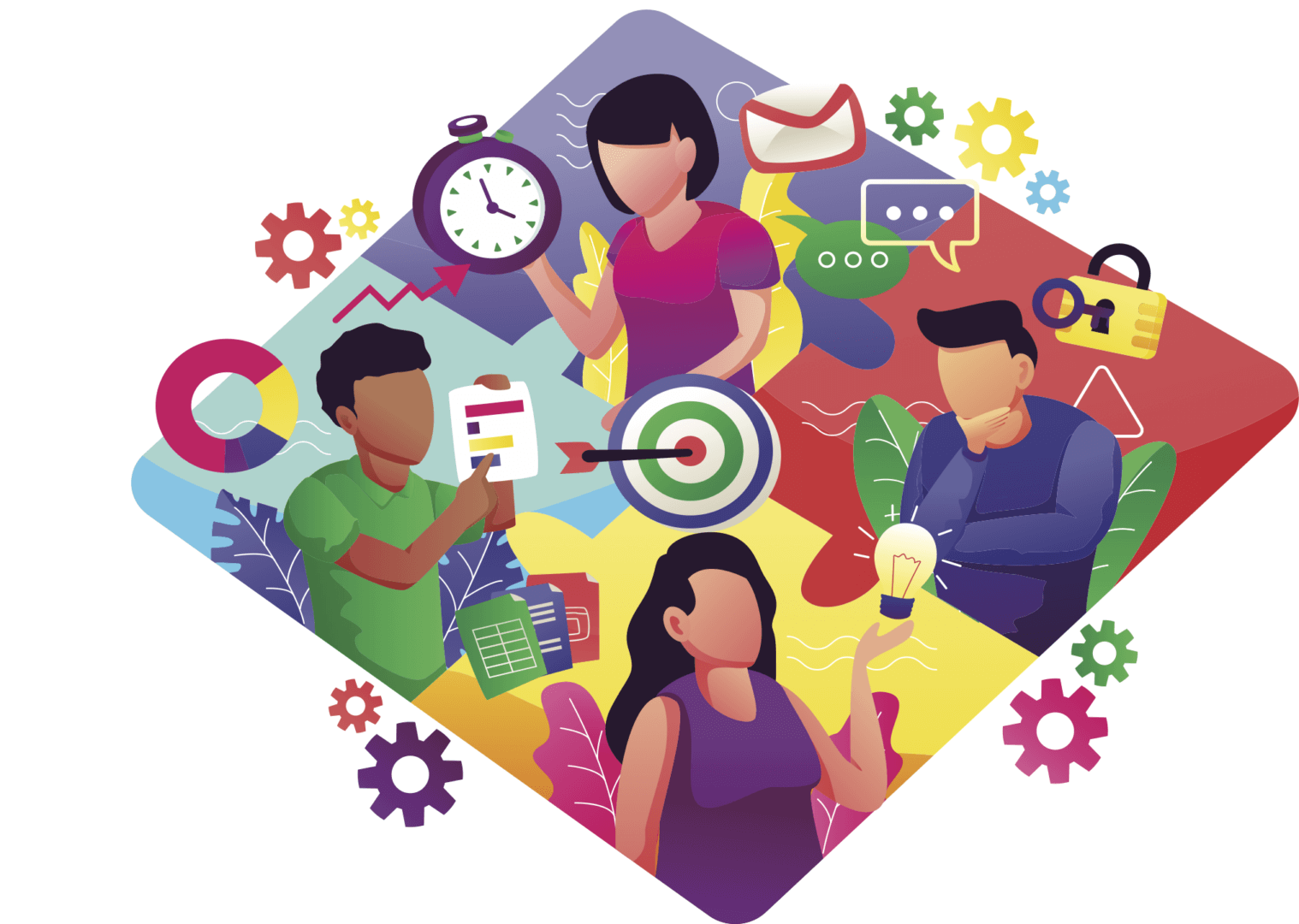 Colorful illustration of diverse team collaboration with icons of time, targets, and ideas, available only at Elevate Your Organization's Culture and Performance With CEEK.