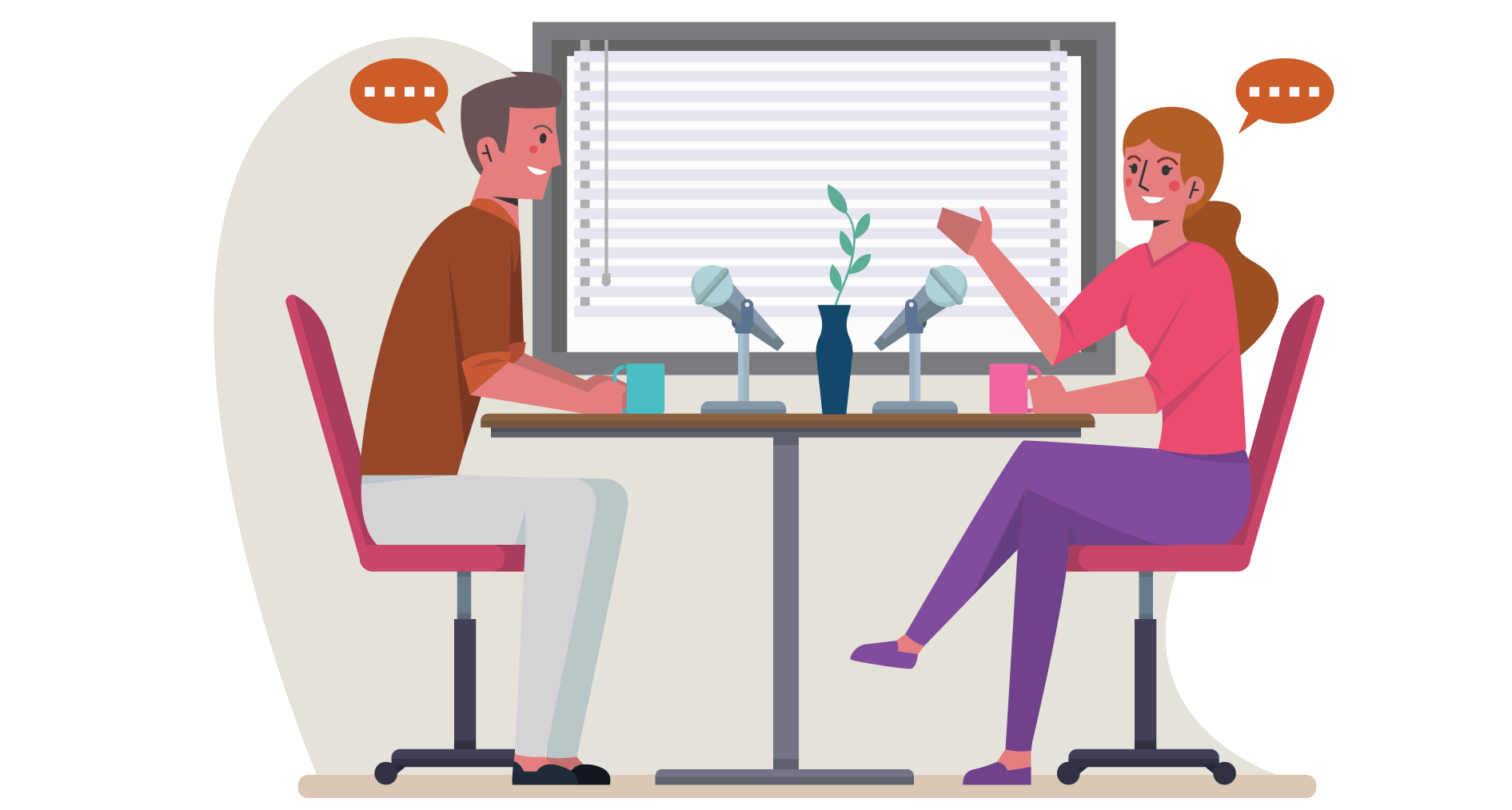 Illustration of two people podcasting with microphones, featured by Elevate Your Organization's Culture and Performance With CEEK.