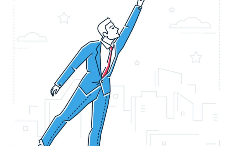 Businessman reaching out the star - line design style isolated illustration on white background. Metaphorical image of a man trying to touch the sky, pursuing his goal